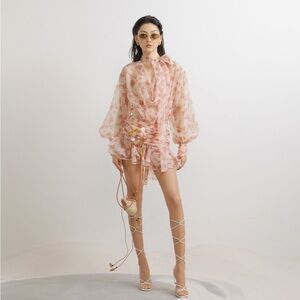 LASSY FLORAL CHIFFON PUFFBALL PUFF SLEEVE MINI DRESS (XS)